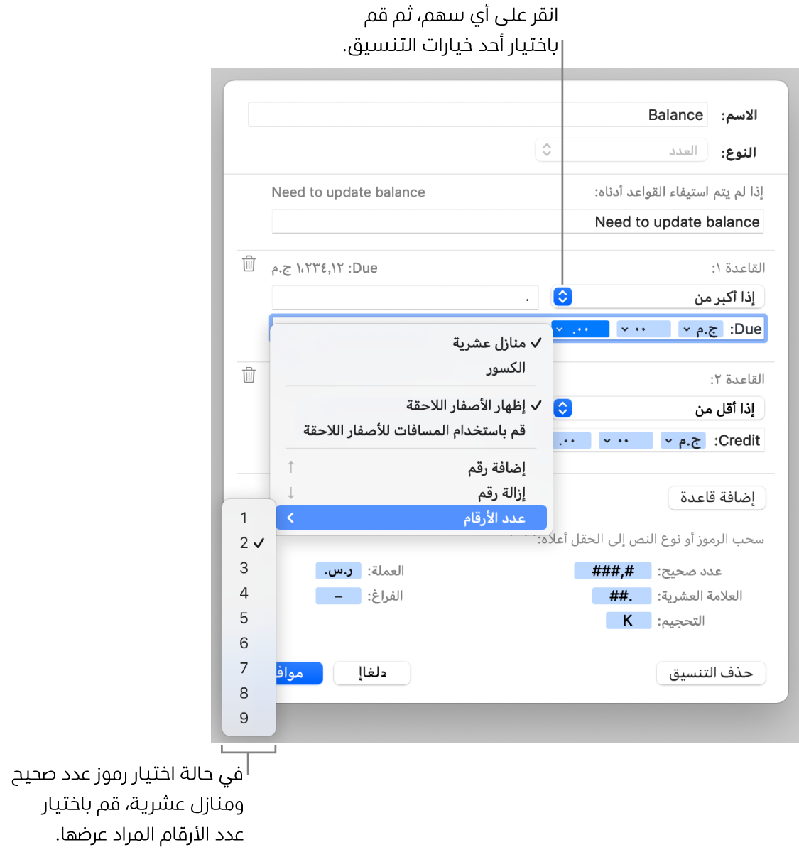 نافذة تنسيق خلية مخصصة مع عناصر تحكم لإنشاء تنسيق مخصص للرقم.