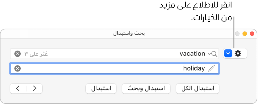 نافذة البحث والاستبدال مع وسيلة شرح للقائمة المنبثقة التي تعرض المزيد من الخيارات.