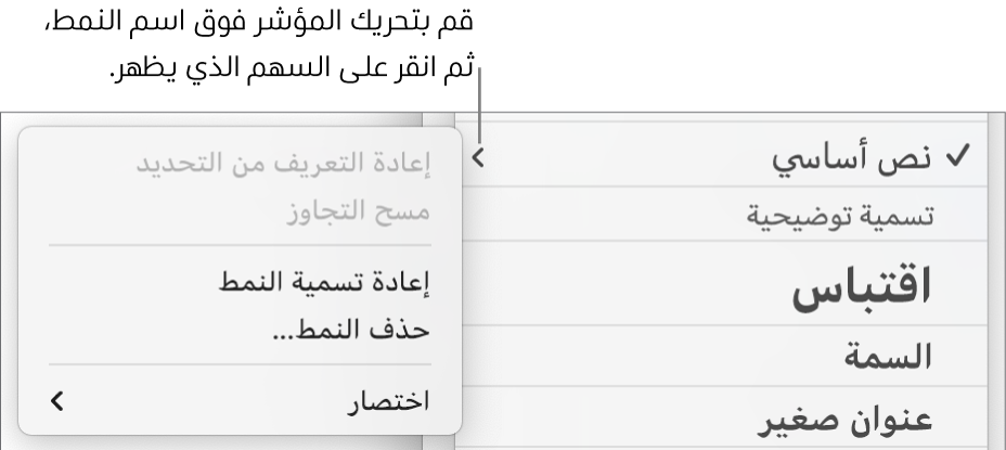 قائمة أنماط الفقرة مع قائمة الاختصارات مفتوحة.