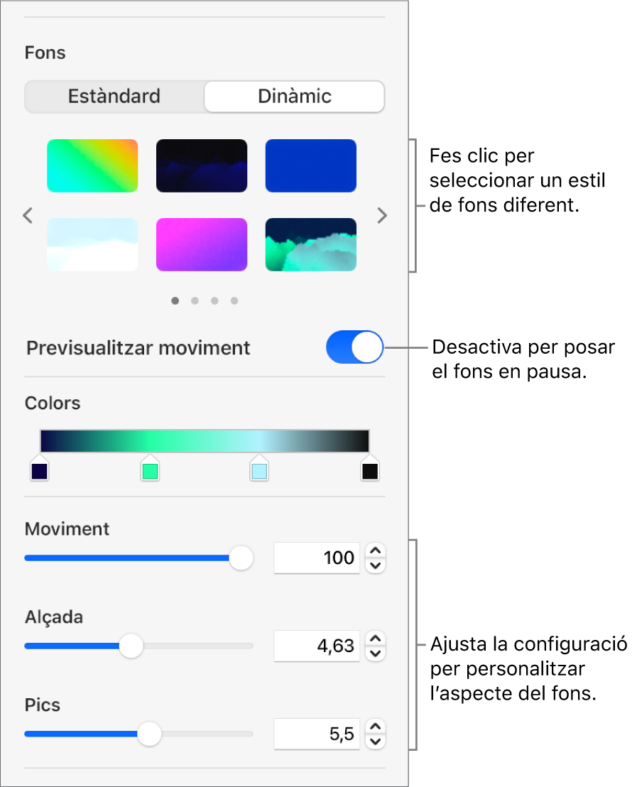 El botó Dinàmic seleccionat a la secció Fons a la barra lateral Format on es mostren els estils de fons dinàmic, el control de la previsualització del moviment i els controls de l’aspecte.