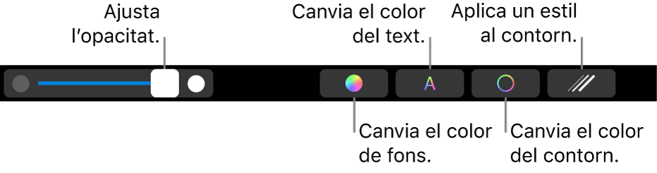 La Touch Bar del MacBook Pro amb controls per ajustar l’opacitat d’una forma, canviar‑ne el color d’emplenament, el color del text, el color del contorn i aplicar un estil al contorn.