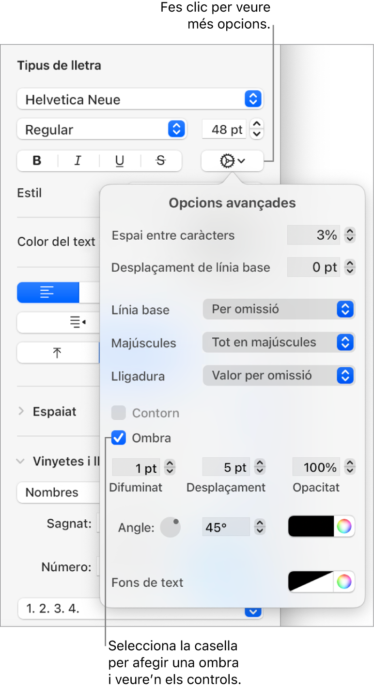 Menú “Opcions avançades” obert amb la casella Ombra marcada i controls per ajustar-ne el difuminat, el desplaçament, l’opacitat, l’angle i el color.