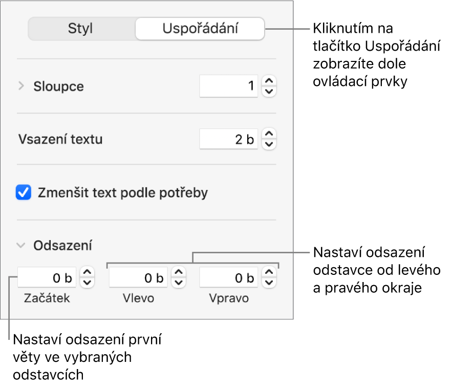 Oddíl Uspořádání na bočním panelu Formát, obsahující ovládací prvky pro odsazení prvního řádku v odstavci a nastavení okrajů odstavce