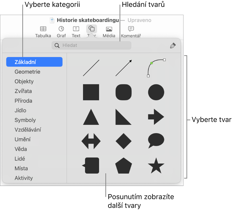 Knihovna tvarů. Vlevo jsou uvedeny kategorie, vpravo tvary. Pomocí pole hledání v horní části můžete vyhledat požadované tvary. Posunutím zobrazíte další tvary.