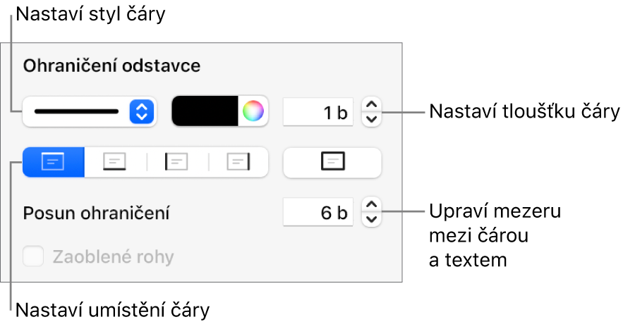 Ovládací prvky pro změnu stylu čáry, její tloušťky, umístění a barvy