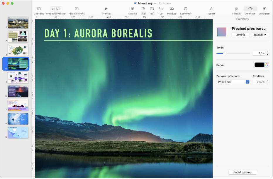 Okno Keynote se snímkem vybraným ve snímkovém navigátoru na levé straně obrazovky. Ovládací prvky Přechody jsou zobrazené na bočním panelu Animace otevřeném na pravé straně obrazovky