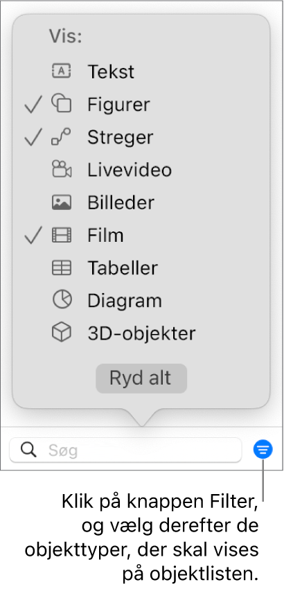 Lokalmenuen Filter åben med en liste med de typer objekter, listen kan indeholde (tekst, figurer, streger, billeder, film, tabeller og diagrammer).