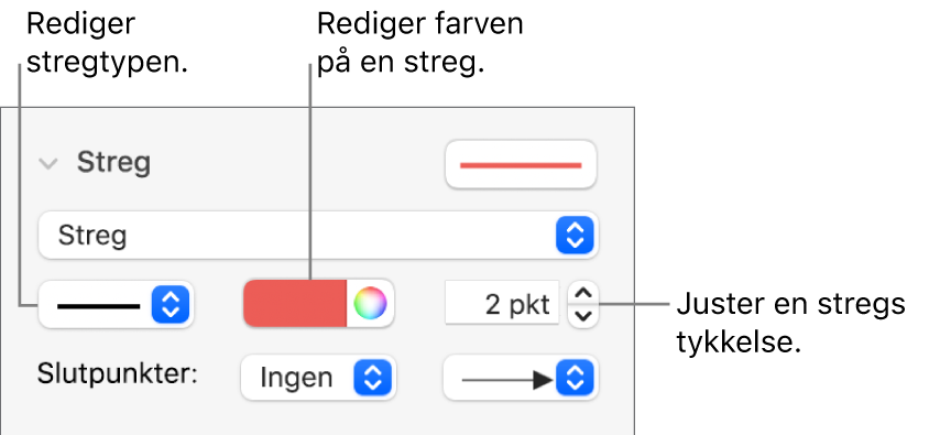 Betjeningsmulighederne til indstilling af slutpunkter, tykkelse og farve til streger.