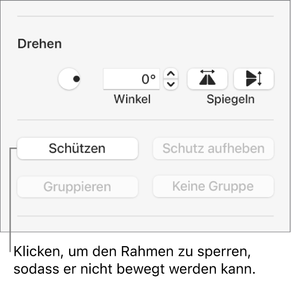 Die Objektsteuerelemente „Drehen“, „Schützen“ und „Gruppieren“ und die Taste „Schützen“ ist markiert.