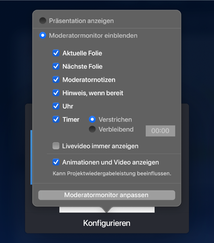 Optionen, mit denen festgelegt werden kann, was auf den jeweiligen Monitoren angezeigt wird. Du kannst die Präsentation oder den Moderatormonitor einblenden. Zu den Optionen des Moderatormonitors gehören: „Aktuelle Folie“, „Nächste Folie“, „Moderatornotizen“, Anzeige für „Hinweis, wenn bereit“, „Uhr“ und „Timer“. Der Timer hat zudem Optionen, um die verstrichene oder verbleibende Zeit anzuzeigen.