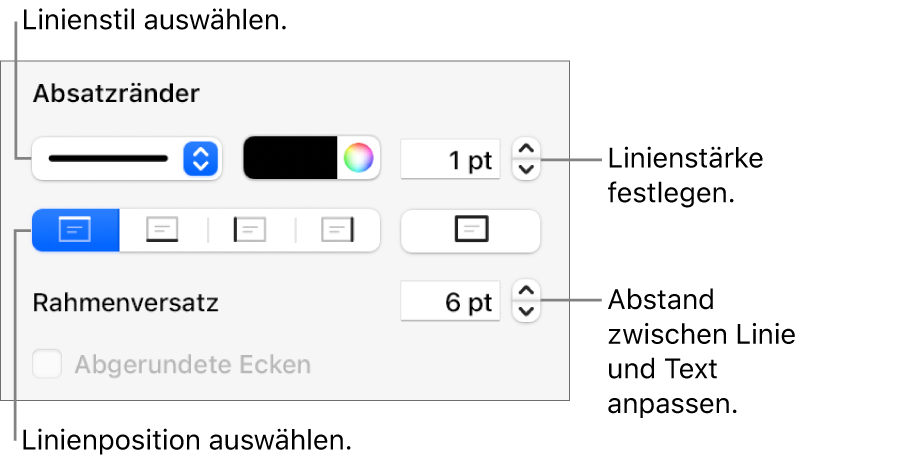 Steuerelemente, um Stil, Stärke, Position und Farbe der Linie zu ändern.