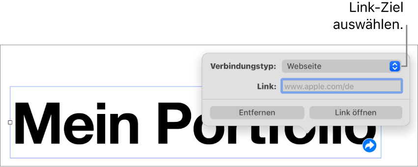 Die Steuerelemente des Linkeditors mit ausgewählter Webseite und den Tasten „Entfernen“ und „Link öffnen“ unten.