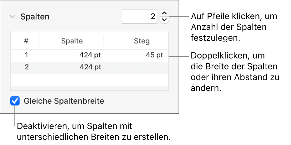 Steuerelemente im Abschnitt „Spalten“ zum Ändern der Spaltenanzahl und der Breite der einzelnen Spalten.