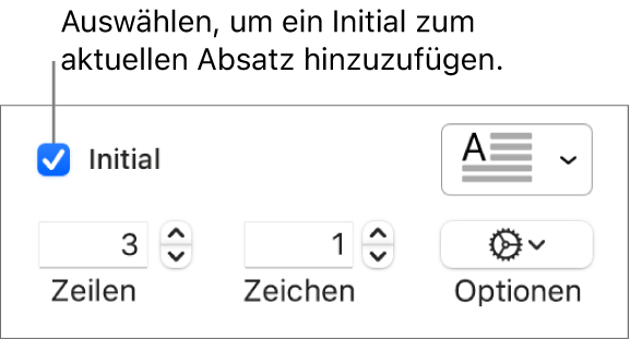 Das Feld „Initial“ ist markiert und rechts davon wird ein Einblendmenü angezeigt; Steuerelemente zur Einstellung der Zeilenhöhe, der Anzahl der Zeichen und weitere Optionen erscheinen darunter.