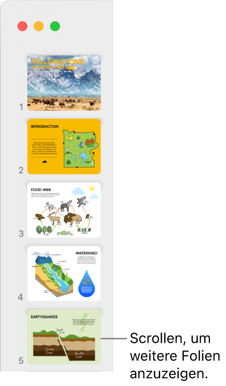 Foliennavigator mit fünf aufeinanderfolgenden Folien in vertikaler Darstellung und der Option nach unten zu scrollen, um weitere Folien anzuzeigen.