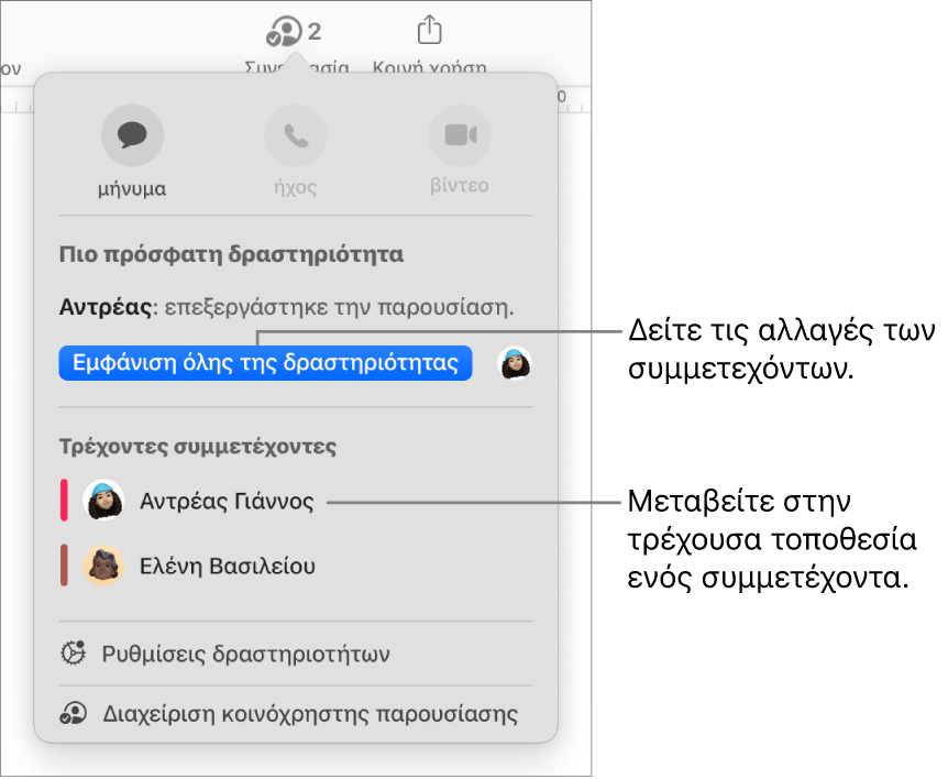 Το μενού συνεργασίας με δύο τρέχοντες συμμετέχοντες.