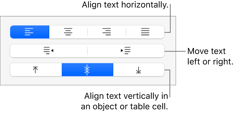 The Alignment section of the sidebar showing buttons for aligning text horizontally, moving text left or right and aligning text vertically.