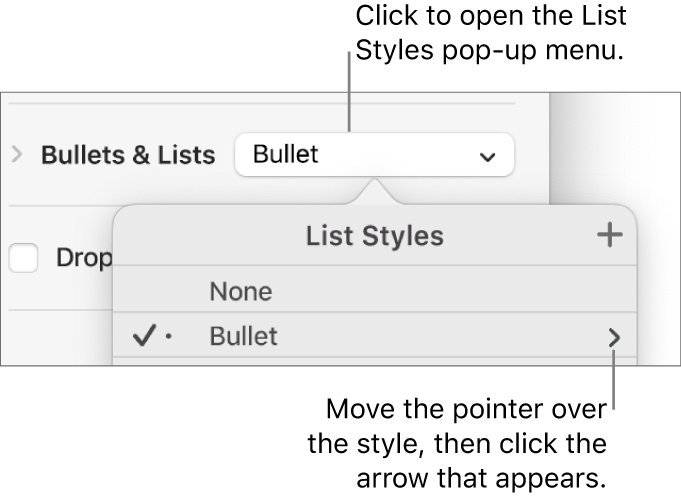 The List Styles pop-up menu with one style selected and an arrow to its far right.