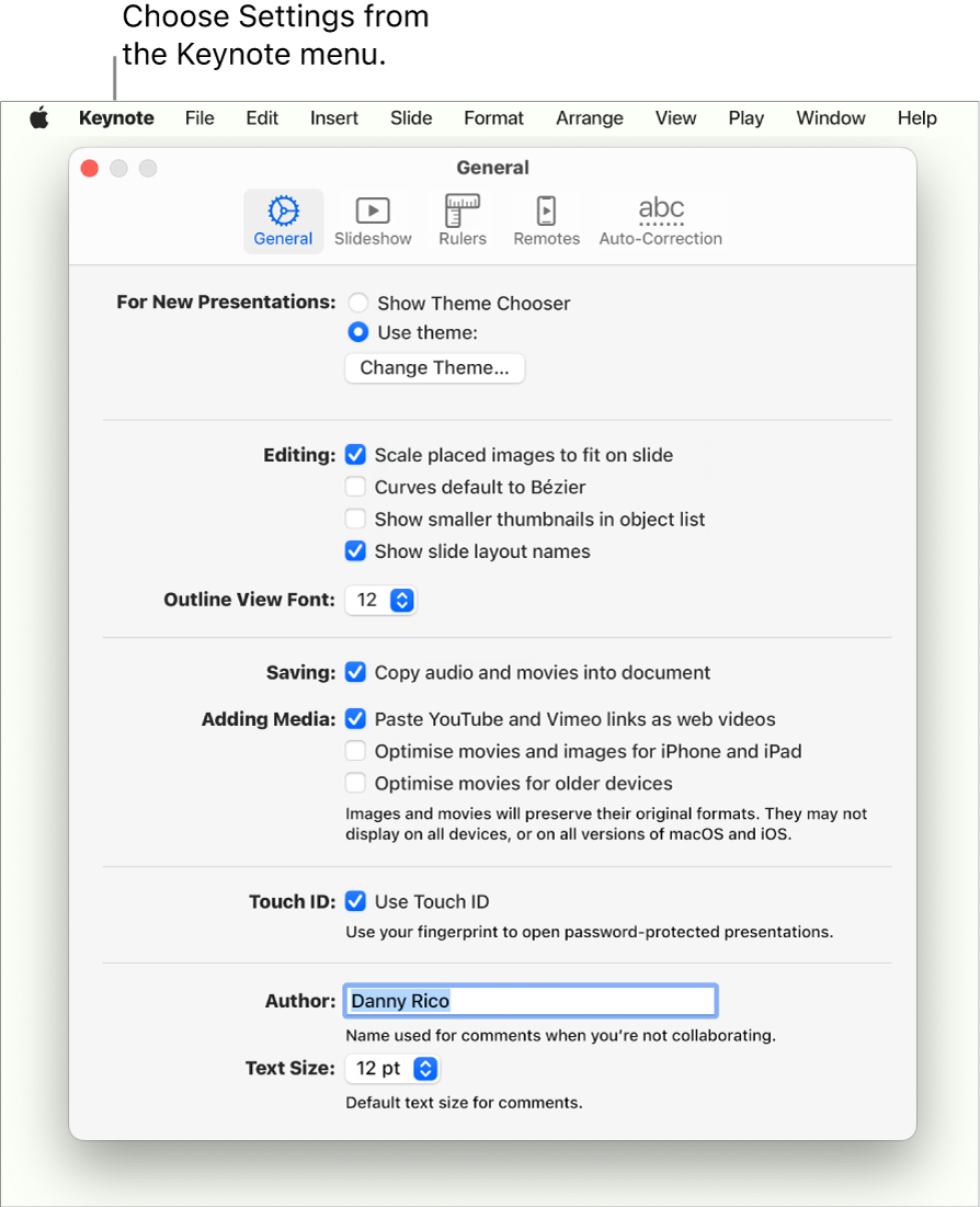 The Keynote settings window open to the General pane.