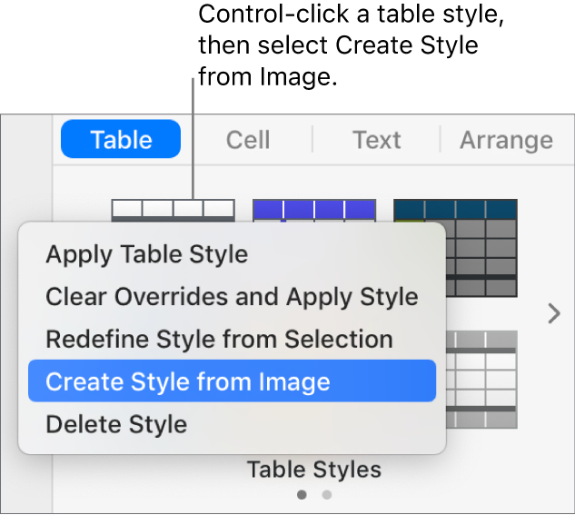 The table style shortcut menu.