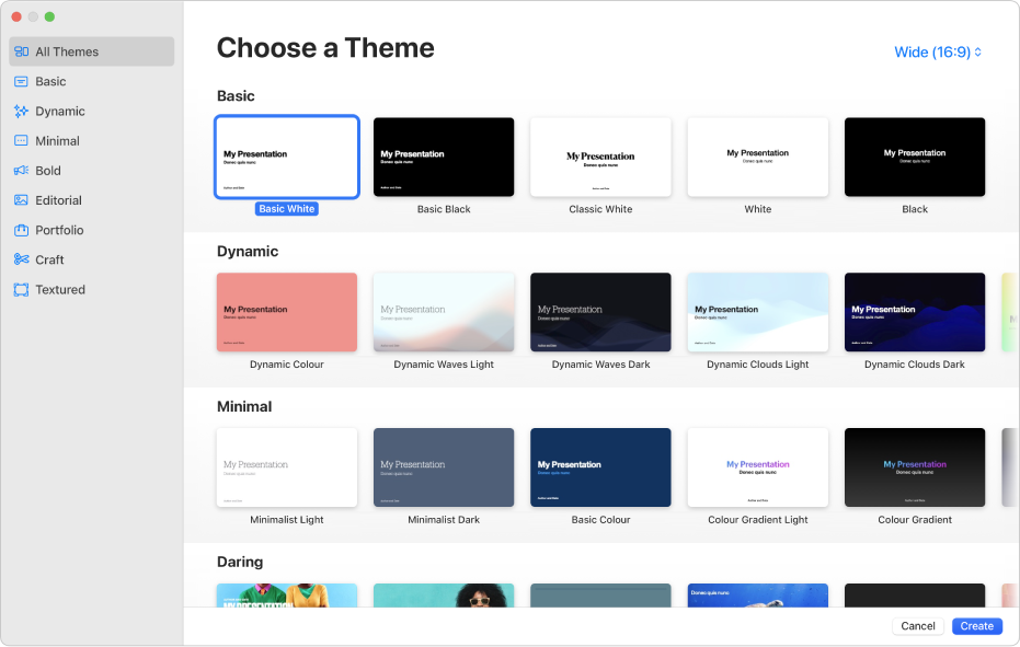 The theme chooser. A sidebar on the left lists theme categories you can click to filter options. On the right are thumbnails of pre-designed themes arranged in rows by category, starting with Basic at the top and followed by Dynamic, Minimal and Bold. The Cancel and Create buttons are in the bottom-right corner.