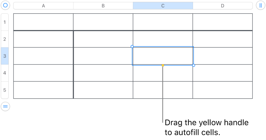 A selected cell with a yellow handle you can drag to auto fill cells.