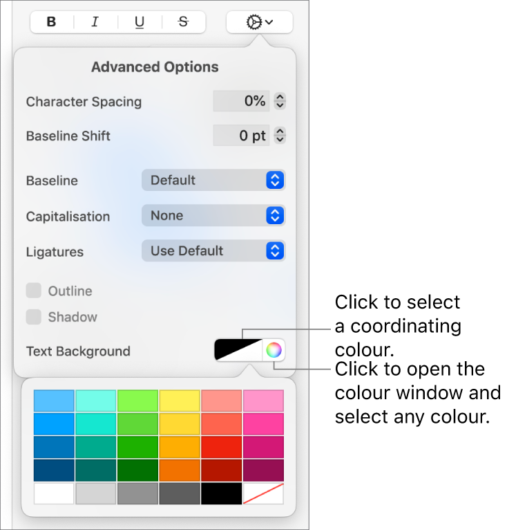 Controls for choosing a background colour for text.