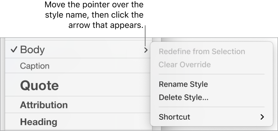 The Paragraph Styles menu with the shortcut menu open.