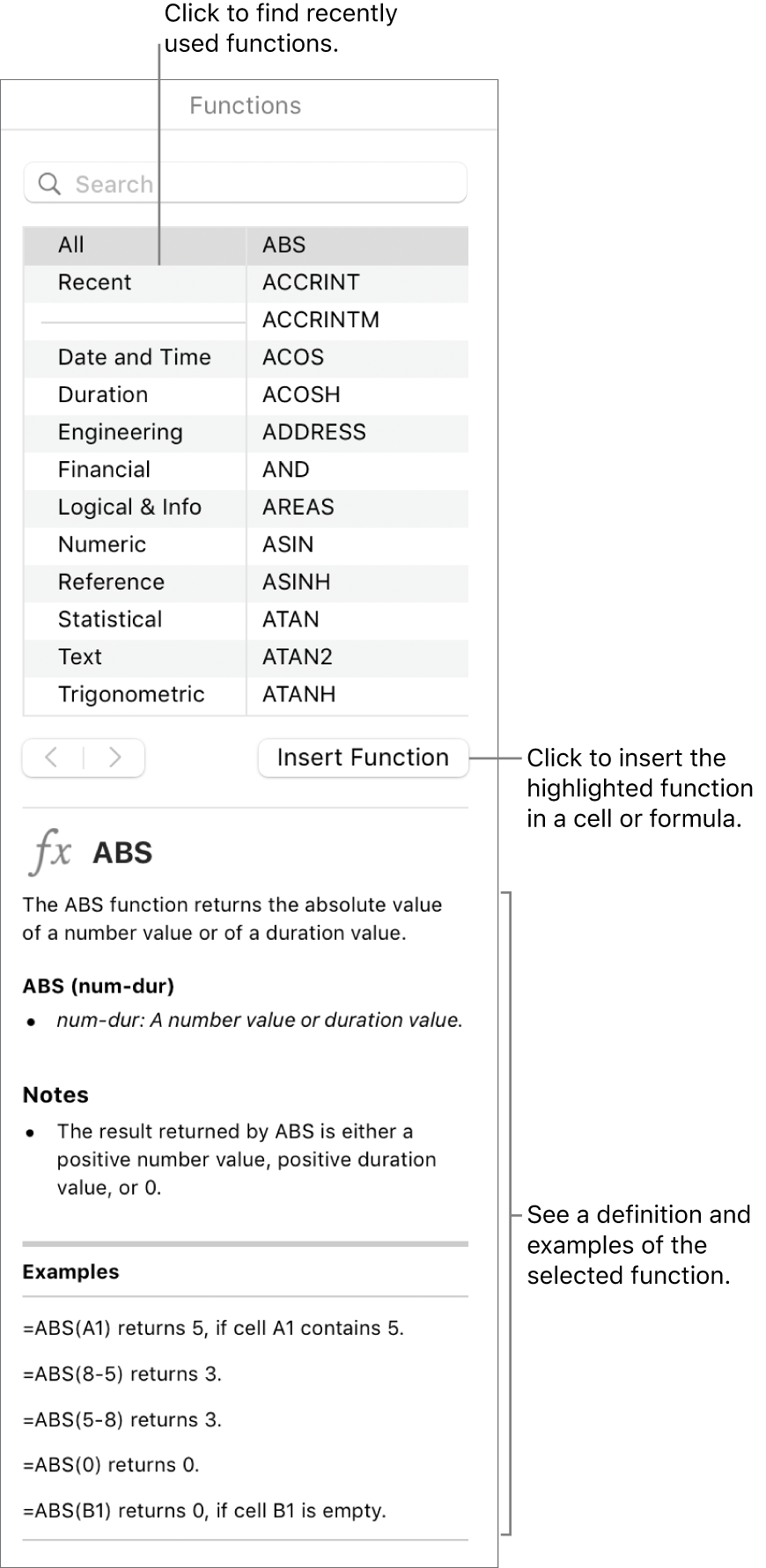 The Function Browser with callouts to recently used functions, the Insert Function button and the function definition.