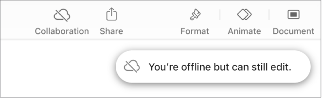 The buttons at the top of the screen, with the Collaboration button changed to a cloud with a diagonal line through it. An alert on the screen says “You’re offline but can still edit”.