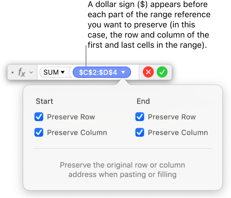 The Formula Editor showing Preserve Row and Preserve Column options selected for a certain range.