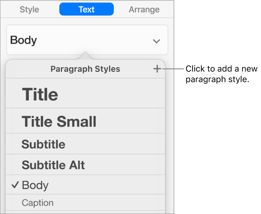 The Paragraph Styles menu with a callout to the New Style button.