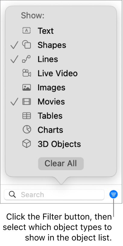 The Filter pop-up menu open, with a list of the types of objects the list can include (text, shapes, lines, images, movies, tables, and charts).