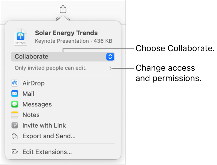 The Share menu with Collaborate selected at the top, and access and permission settings underneath.