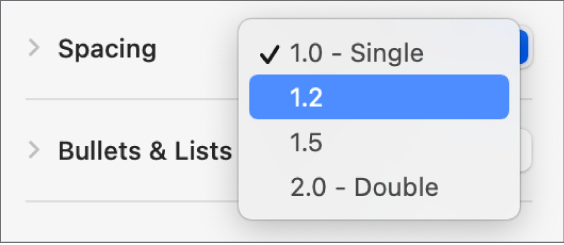 The Spacing pop-up menu with Single, Double, and other options.