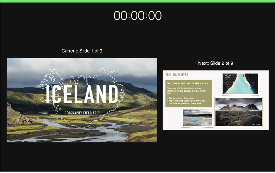 The Keynote window with the presenter view showing. The current slide in on the left with the next slide on the right. The presentation timer appears at the top of the screen.