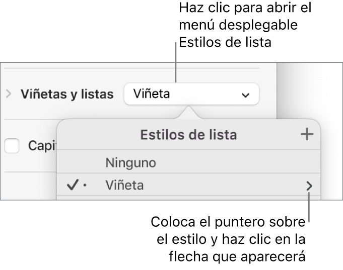 El menú Estilos de lista con un estilo seleccionado y una flecha en el extremo derecho.