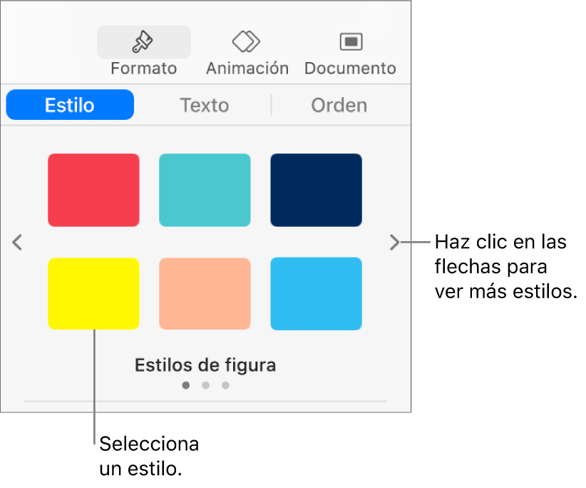 La pestaña Estilo de la barra lateral Formato con seis estilos de objeto y flechas de navegación a su derecha e izquierda.