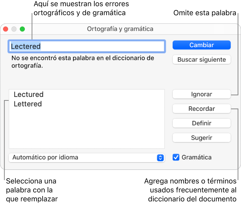 La ventana Ortografía y gramática.