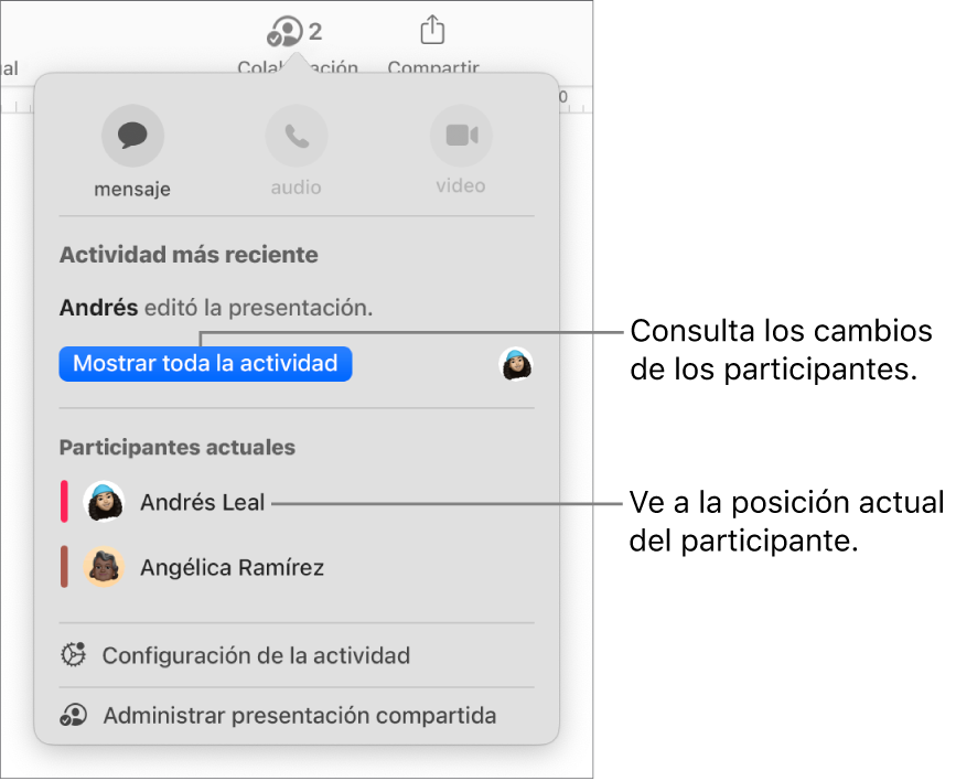 El menú de colaboración con dos participantes actuales que aparecen ahí.