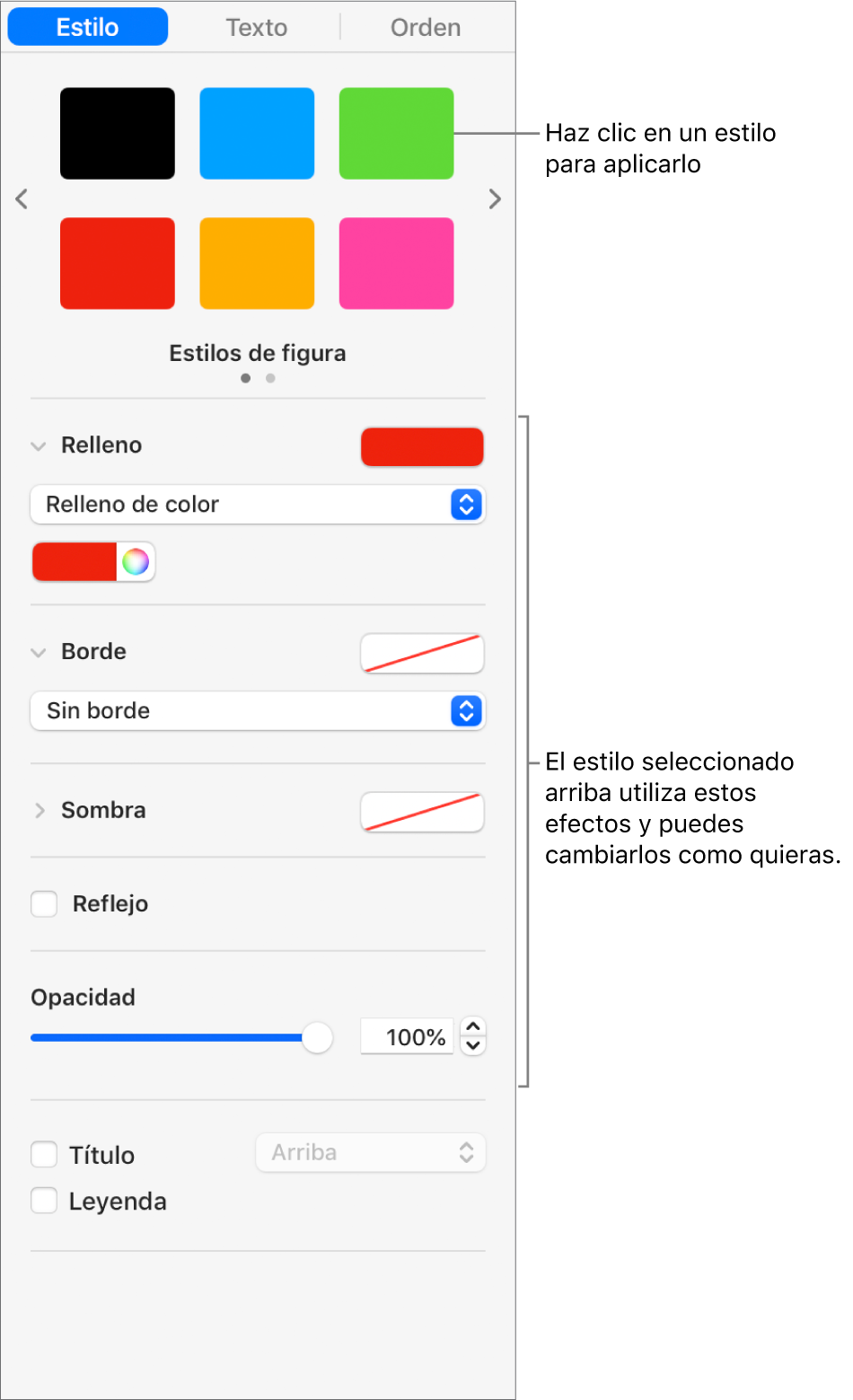 Estilos y opciones de figura en la sección Formato de la barra lateral.