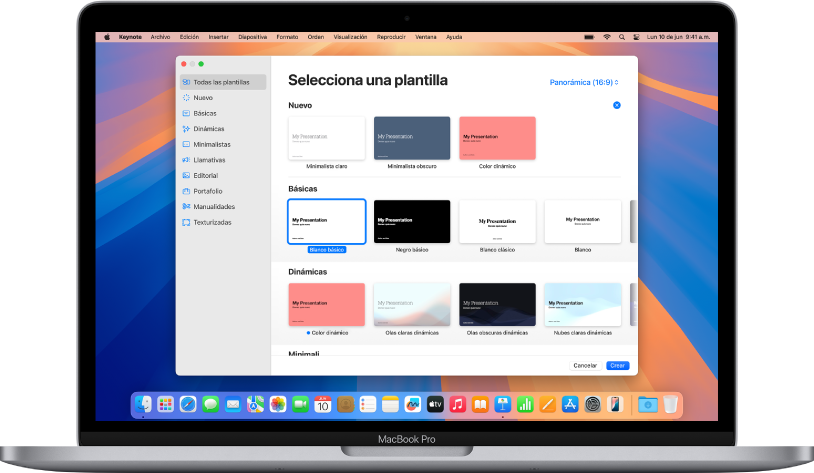 Una MacBook Pro mostrando la pantalla del selector de plantillas de Keynote. La categoría Todas las plantillas se selecciona a la izquierda y las plantillas prediseñadas aparecen en filas y organizadas por categoría a la derecha. El menú desplegable Idioma y región se encuentra en la esquina inferior izquierda, y el menú desplegable Estándar y Ancho se encuentra en la esquina superior derecha.