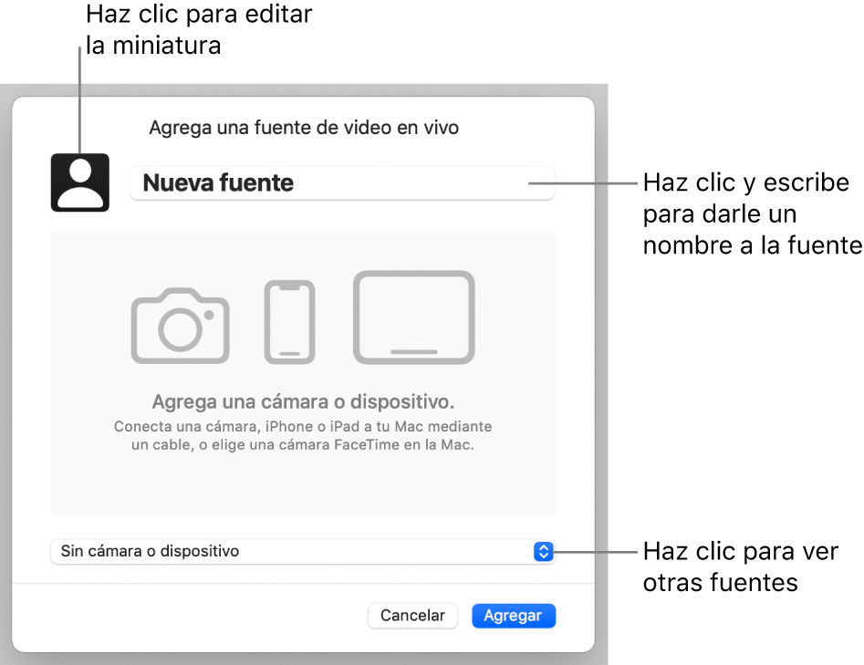 La ventana Agrega una fuente de video en vivo con controles para cambiar el nombre de la fuente y agregar una miniatura en la parte superior, y para seleccionar otras fuentes en la parte inferior.