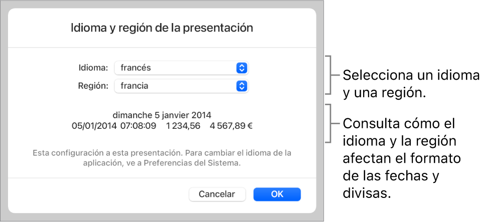 El panel Idioma y región con controles para el idioma y la región, y un ejemplo de formato que incluye una fecha, una hora, y formatos decimales y de moneda.