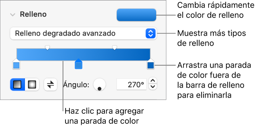 Controles para rellenar objetos con colores.