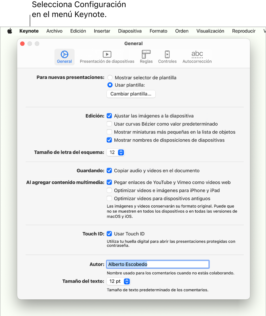 La ventana de configuración de Keynote abierta en el panel General.