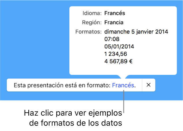 La notificación de la configuración de idioma y formato distinto, con ejemplos del formato en ese idioma y región.