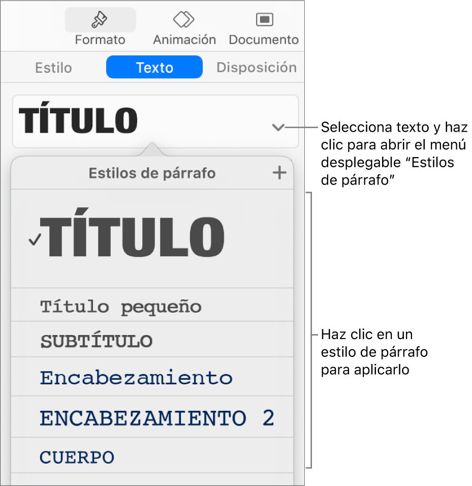 El menú “Estilos de párrafo” con una marca de selección junto al estilo seleccionado.