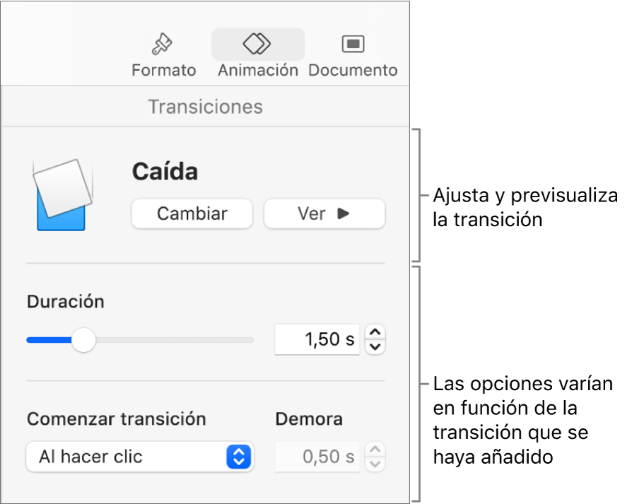 Controles de transiciones en la sección Transiciones de la barra lateral.