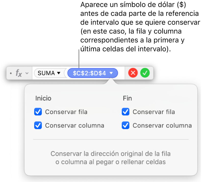 El editor de fórmulas con las opciones “Conservar fila” y “Conservar columna” seleccionadas para un intervalo específico.